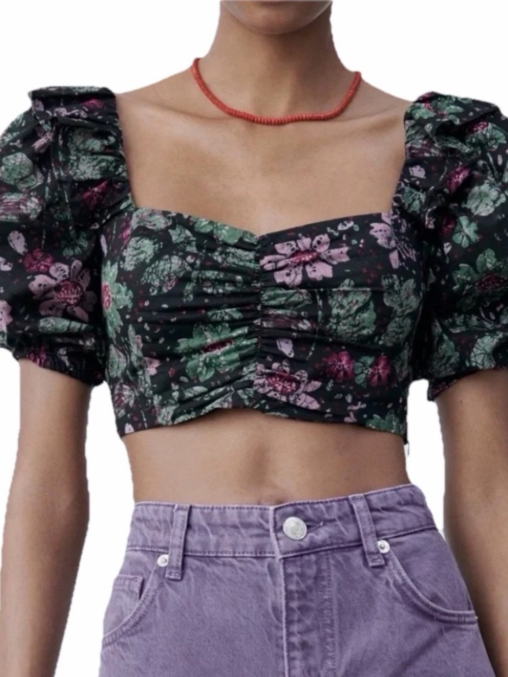 Zara Black Purple Floral Cropped Top Women Small Side Zip Puff Sleeve Cotton